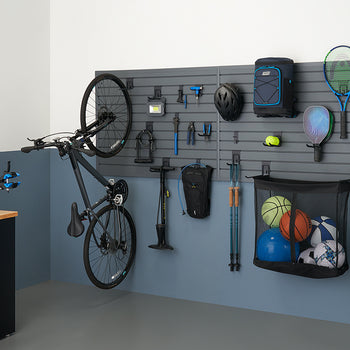 TRINITY | 24 Sq Ft Modular Slatwall | 19-Piece Accessory Sports Set | Gray