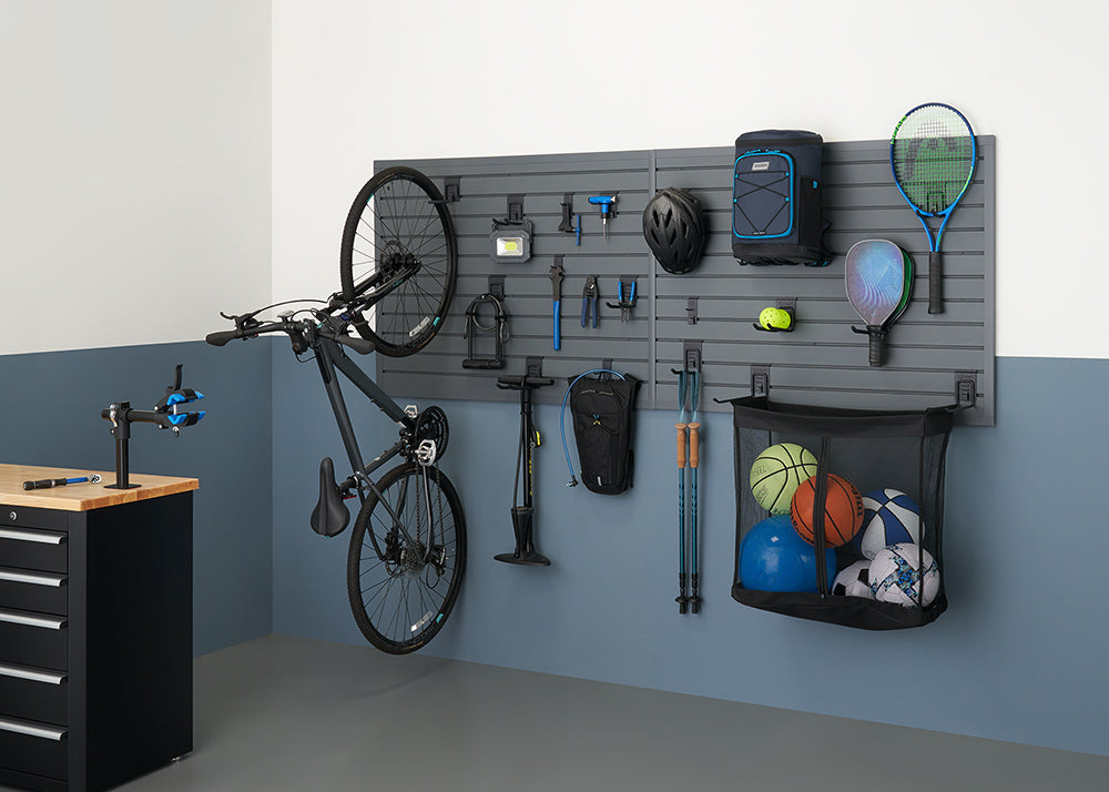 TRINITY | 24 Sq Ft Modular Slatwall | 19-Piece Accessory Sports Set | Gray