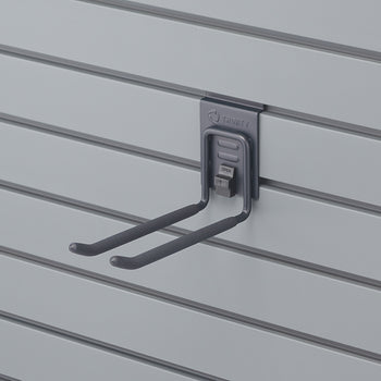 A close-up shot shows a gray double-prong hook with a black 