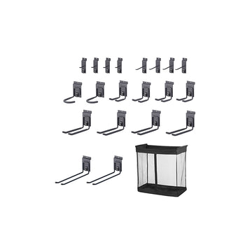 A collection of garage organization tools is displayed against a white background. It includes various sizes and shapes of black and gray metal hooks for hanging items, along with a collapsible black mesh bin.
