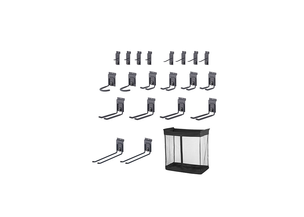 A collection of garage organization tools is displayed against a white background. It includes various sizes and shapes of black and gray metal hooks for hanging items, along with a collapsible black mesh bin.