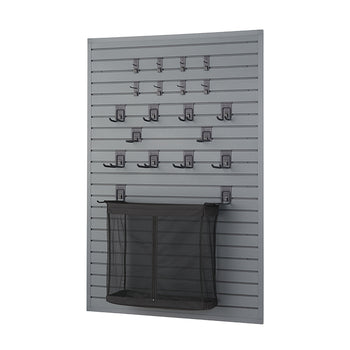 A dark gray slatwall panel is equipped with various hooks and a mesh bag. The hooks are arranged in rows, with smaller single hooks at the top and larger, double-pronged hooks below, while the mesh bag hangs near the bottom.