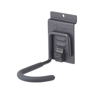 
A dark gray, wall-mounted utility hook by Trinity is shown, featuring a padded, curved arm extending outwards and an 