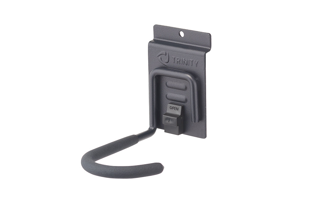 
A dark gray, wall-mounted utility hook by Trinity is shown, featuring a padded, curved arm extending outwards and an "OPEN" latch mechanism on the base. The hook appears designed for hanging tools or equipment.