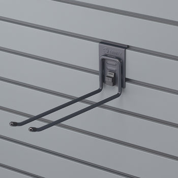 A gray double-pronged hook, branded 
