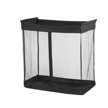 A black rectangular laundry hamper or storage bin made of mesh fabric. It has a solid black rim and base, and a vertical seam down the middle of the front, suggesting it might be collapsible.