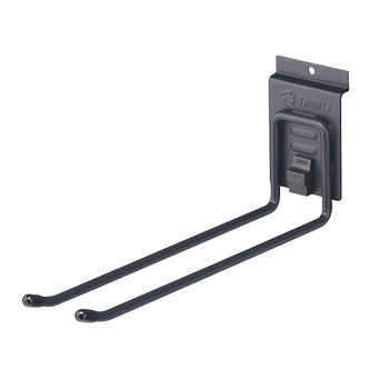 
A close-up shot shows a black, U-shaped pegboard hook with two prongs extending to the left. The backplate of the hook has the 