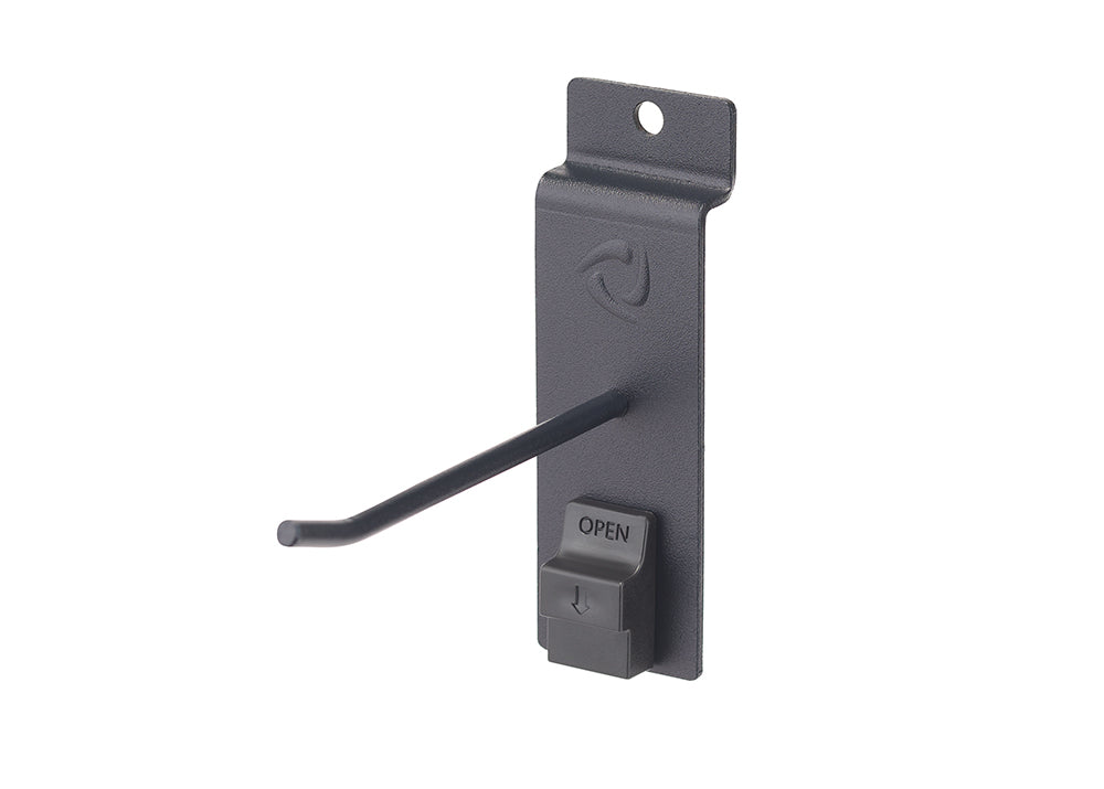 A gray metal hook for a pegboard or slatwall, featuring a horizontal bar for hanging items. Below the bar, there is a small black plastic clip with the word "OPEN" and an arrow, used to lock the hook in place.