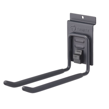 A dark gray metal wall mount hook with two long, U-shaped arms. The arms are covered with black foam padding. The top of the mount has the TRINITY logo and a release latch for easy adjustment.