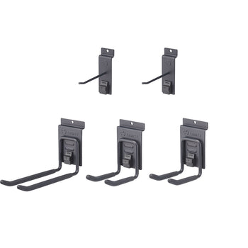 A collection of Trinity brand garage organization hooks are shown against a white background. The set includes two single-prong hooks and three double-prong hooks of varying sizes.