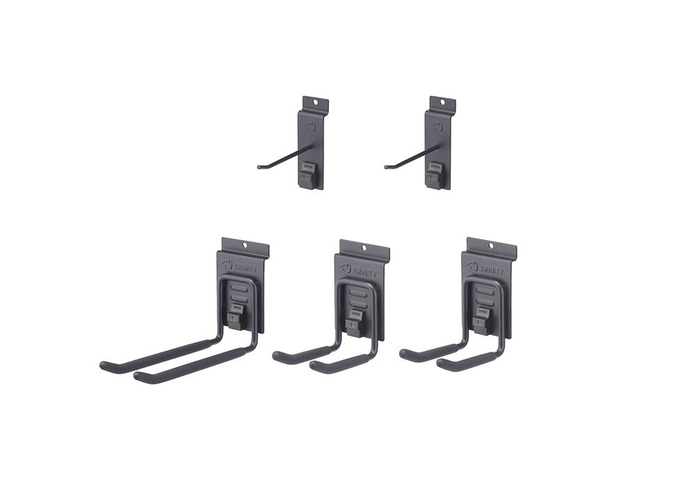 A collection of Trinity brand garage organization hooks are shown against a white background. The set includes two single-prong hooks and three double-prong hooks of varying sizes.
