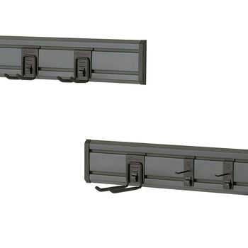 
Two TRINITY tool organizing system are shown on a white background. The top image shows the 24-inch version with two utility hooks, while the bottom image shows the 48-inch version with a bicycle hook and a utility hook.