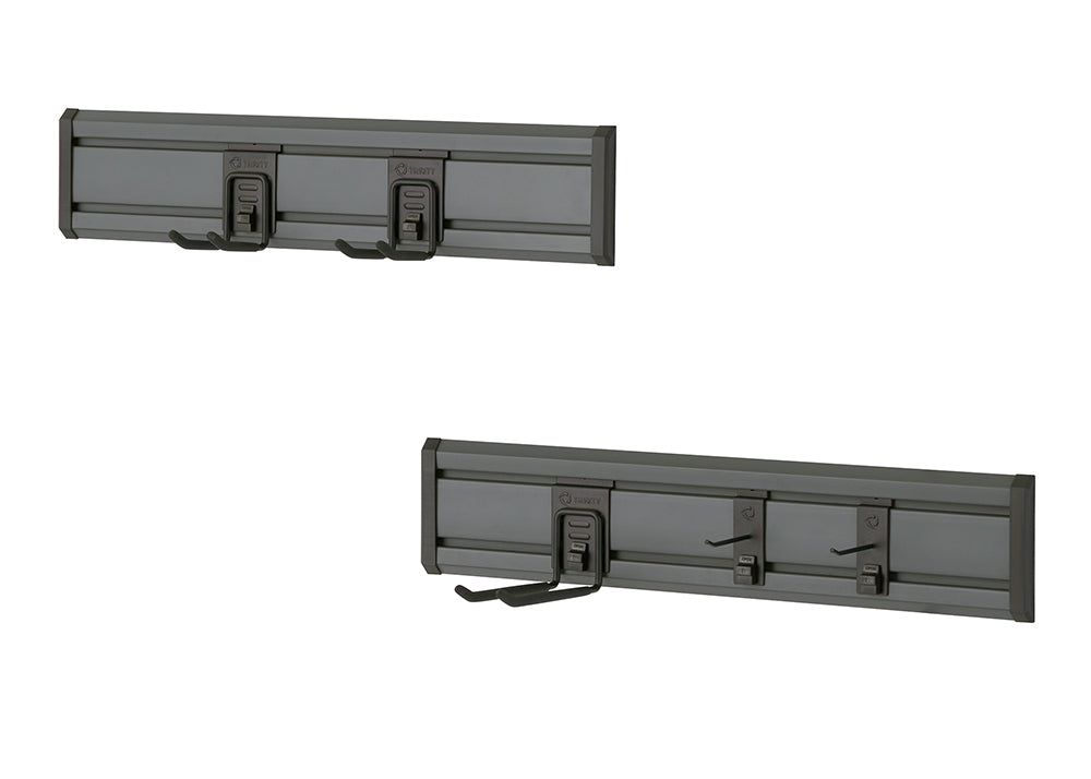 
Two TRINITY tool organizing system are shown on a white background. The top image shows the 24-inch version with two utility hooks, while the bottom image shows the 48-inch version with a bicycle hook and a utility hook.