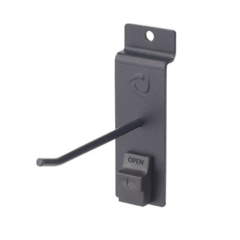 A dark gray, metal display hook with a single prong. The hook is attached to a vertical plate with a release mechanism at the bottom labeled 