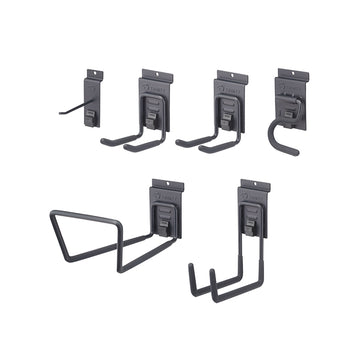 A product photo showing six different gray metal hooks, each designed for a specific purpose, from the brand TRINITY. They are shown against a white background, highlighting their various shapes and sizes for organizing tools in a garage or workshop.