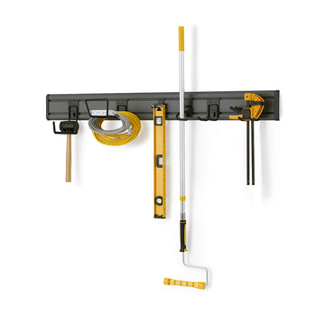 A wall-mounted storage system for tools is shown against a white background. Tools are hung from hooks on the rail, including a mallet, an extension cord, a level, a roller with an extension pole, and a clamp.