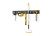 A wall-mounted storage system for tools is shown against a white background. Tools are hung from hooks on the rail, including a mallet, an extension cord, a level, a roller with an extension pole, and a clamp.