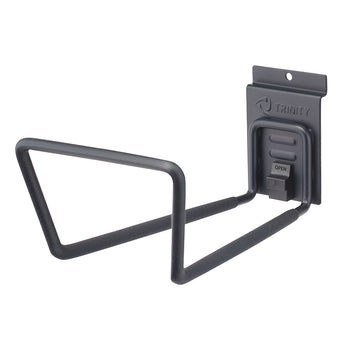 A gray metal utility hook is shown mounted on a wall plate. The hook has a large U-shape with a rubberized or foam coating on the arm to prevent scratching. The wall plate has the 
