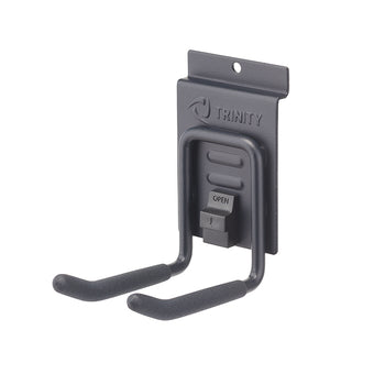 A dark gray metal J-hook with two arms, designed for hanging tools or other items. The hook is attached to a mounting plate with the 