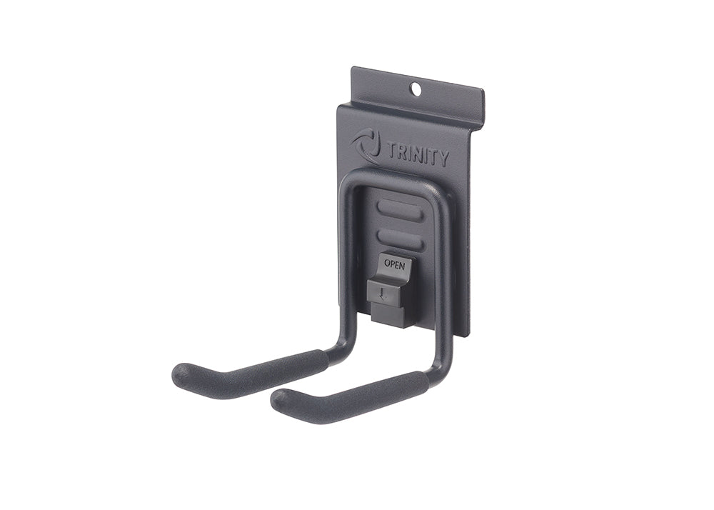 A dark gray metal J-hook with two arms, designed for hanging tools or other items. The hook is attached to a mounting plate with the "TRINITY" logo and has a plastic clip on the back that says "OPEN."