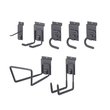 Different gray metal hooks, designed for garage storage, mounted on a white background. The hooks vary in size and shape, including single, double, and wide hooks for various tools and equipment.