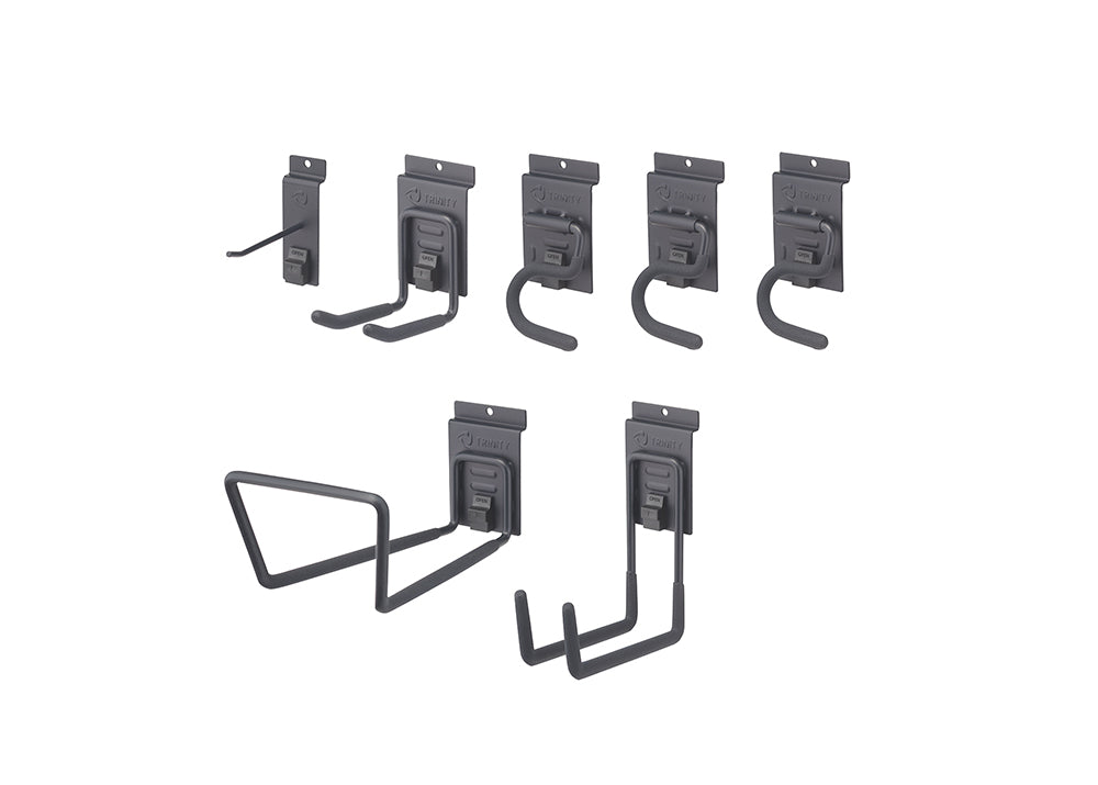 Different gray metal hooks, designed for garage storage, mounted on a white background. The hooks vary in size and shape, including single, double, and wide hooks for various tools and equipment.