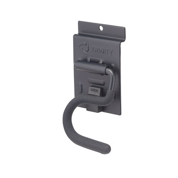 A dark gray metal utility hook is attached to a vertical metal plate. The hook is shaped like a 'J' with a cushioned, non-slip coating on the curved end, and the plate has the 