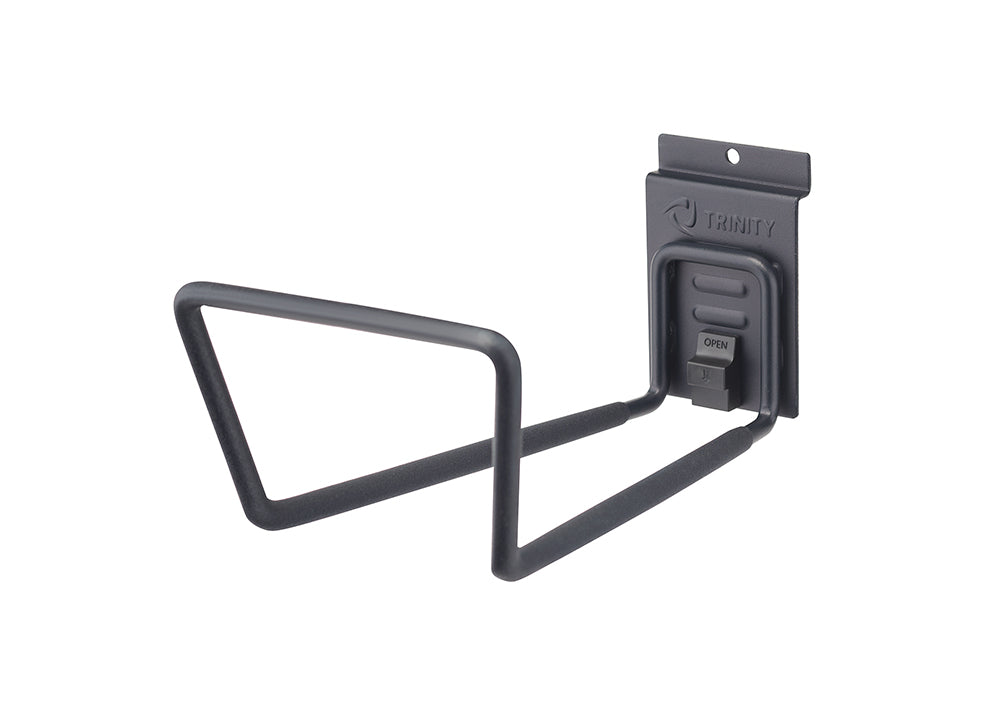 A dark gray metal garage hook with a wide, U-shaped arm designed to hold hoses, ladders, or other large items. The base of the hook has the "TRINITY" logo and a locking mechanism to secure it to a wall or rack system.