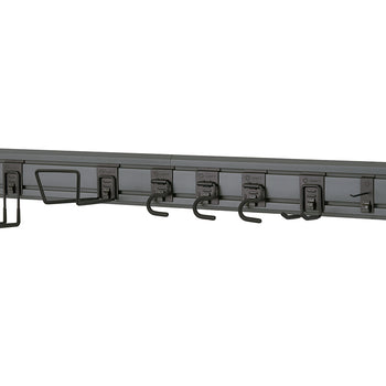 A dark gray, wall-mounted garage or utility storage rack with various hooks and holders attached to it. The hooks include a large U-shaped holder, several smaller hooks of different sizes, and a multi-prong hook on the far right.