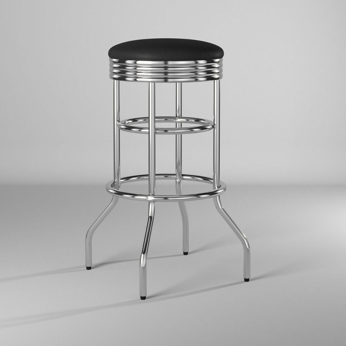 A three-quarter view shows a Trinity 30-inch swivel stool against a plain background. The stool features a round, black cushioned seat, a chrome-finished frame with horizontal bands, and four curved legs with black caps.