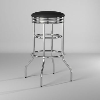 A three-quarter view shows a Trinity 30-inch swivel stool against a plain background. The stool features a round, black cushioned seat, a chrome-finished frame with horizontal bands, and four curved legs with black caps.