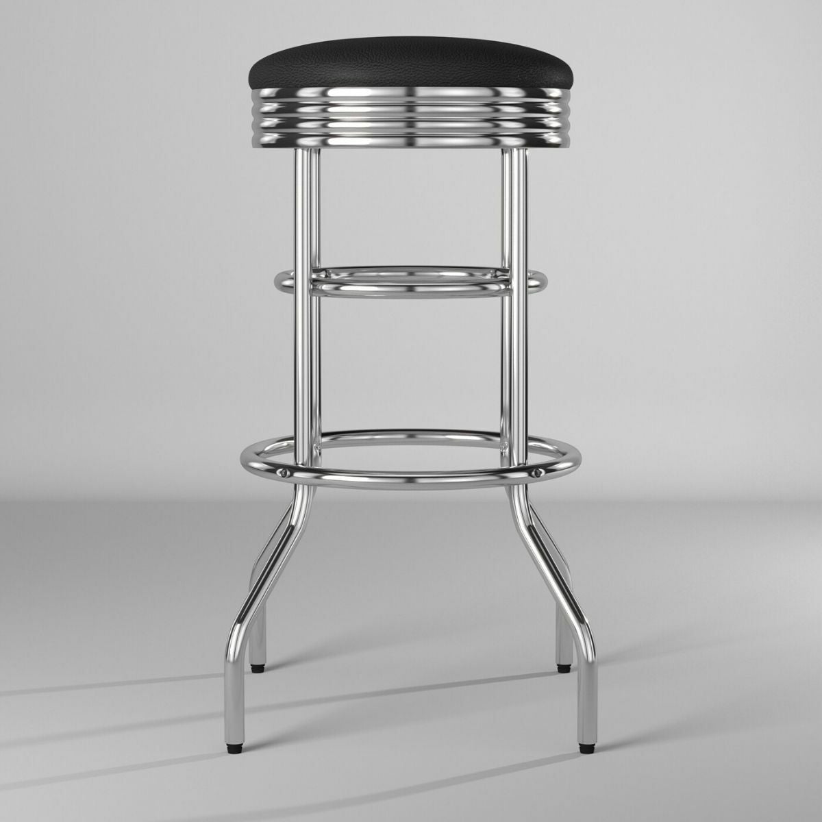 A single chrome swivel bar stool with a round black cushioned seat is shown against a plain background. The stool features a retro design with horizontal chrome bands beneath the seat and a circular footrest.