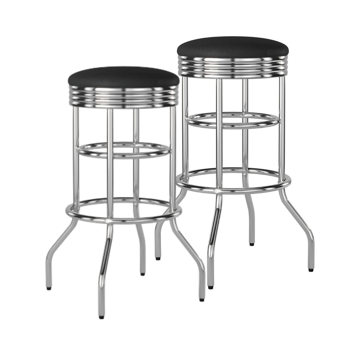 Two chrome swivel bar stools with black cushioned seats are shown against a white background. The stools feature a retro design with multiple horizontal chrome bands and four curved legs.