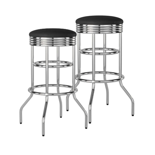 Two chrome swivel bar stools with black cushioned seats are shown against a white background. The stools feature a retro design with multiple horizontal chrome bands and four curved legs.