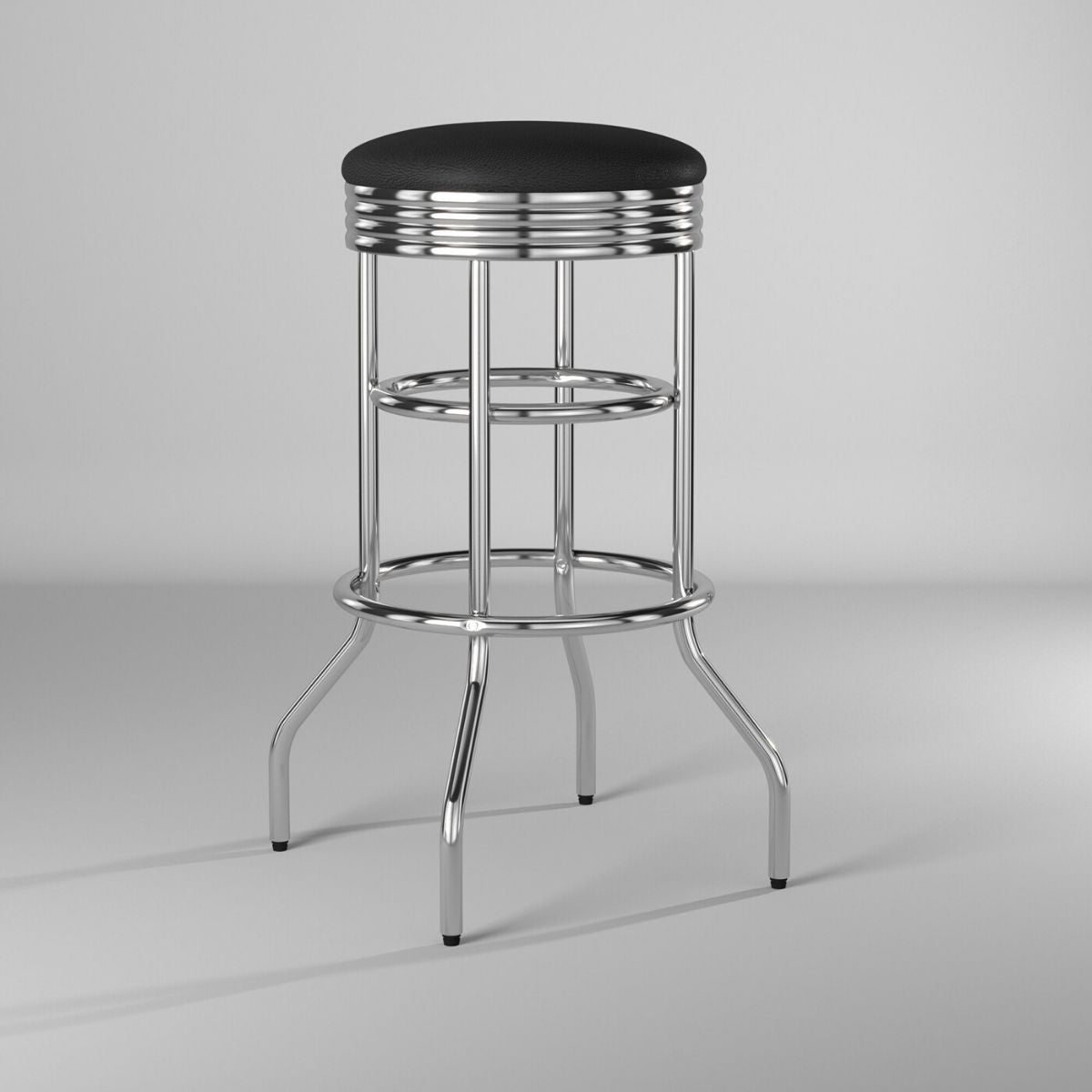 A single retro chrome bar stool with a round black padded seat is shown against a light gray background. The stool features a shiny chrome frame with horizontal bands and a circular footrest.