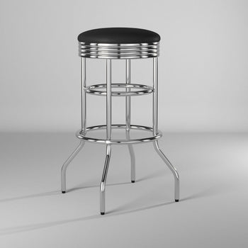 A single retro chrome bar stool with a round black padded seat is shown against a light gray background. The stool features a shiny chrome frame with horizontal bands and a circular footrest.