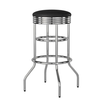 A chrome swivel bar stool with a black circular cushioned seat is shown against a white background. The stool has a retro design with a circular footrest and four curved legs.