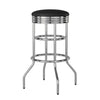 Fully assembled 30-inch swivel bar stools with a retro design are shown against a white background. The stools feature black cushioned seats, chrome frames with multiple horizontal bands, circular footrests, and four curved legs with black tips.