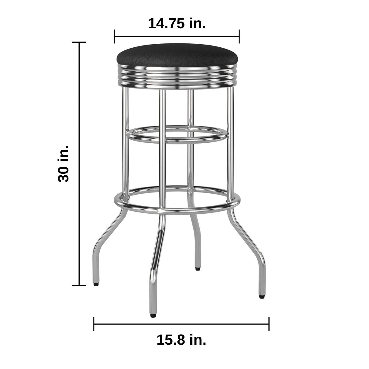 A 3D render of a chrome bar stool with a black, round, cushioned seat. The stool has a height of 30 inches, a seat diameter of 14.75 inches, and a base width of 15.8 inches.
