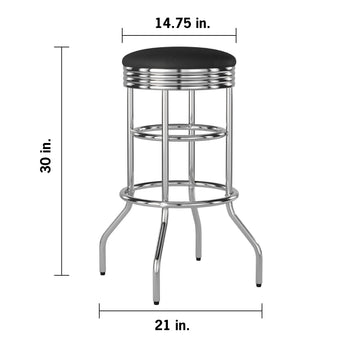 A chrome bar stool with a black, round, cushioned seat. The stool has a height of 30 inches, a seat diameter of 14.75 inches, and a base width of 21 inches.