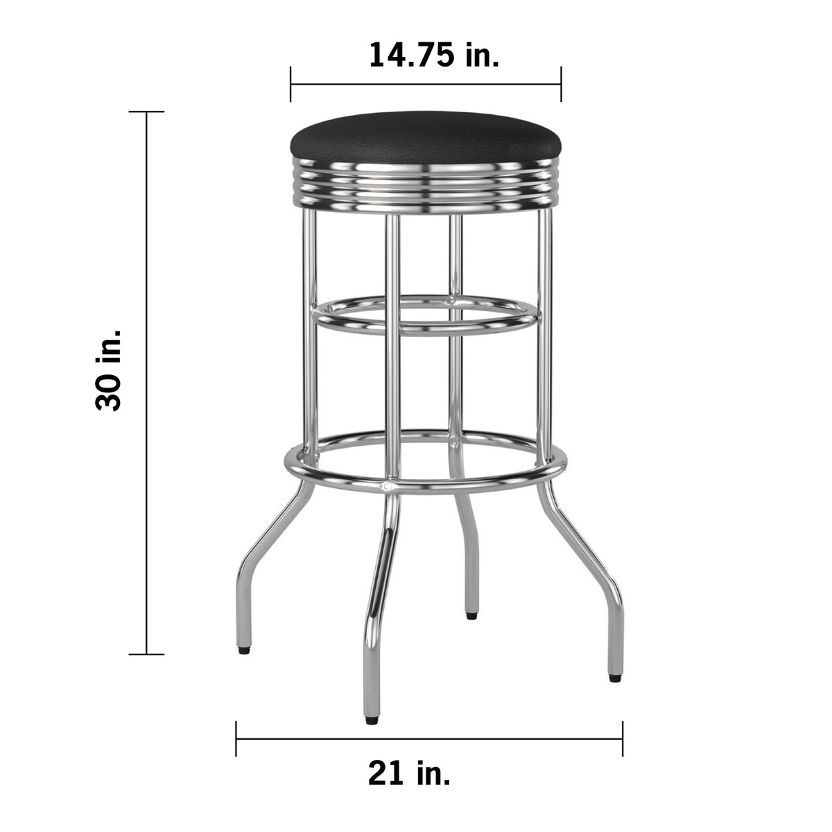 A chrome bar stool with a black, round, cushioned seat. The stool has a height of 30 inches, a seat diameter of 14.75 inches, and a base width of 21 inches.