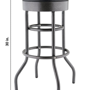 A 30-inch tall bar stool with a black cushioned seat and a gray hammered-metal frame. The image includes dimension lines showing a 14.75-inch seat width and a 15.8-inch base width.
