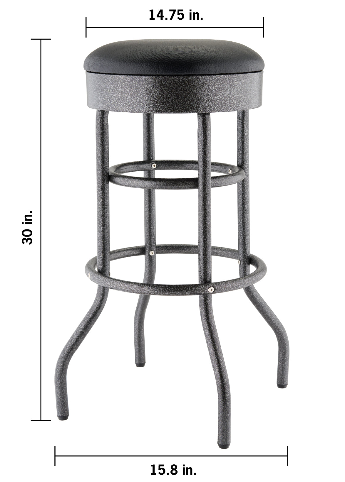 A 30-inch tall bar stool with a black cushioned seat and a gray hammered-metal frame. The image includes dimension lines showing a 14.75-inch seat width and a 15.8-inch base width.