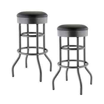 A pair of modern bar stools is shown against a white background. The stools have black hammered-finish metal frames with curved legs and round black upholstered seats.