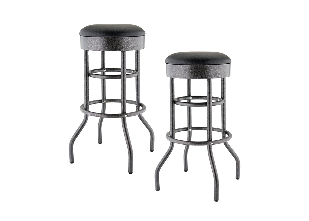 A pair of modern bar stools is shown against a white background. The stools have black hammered-finish metal frames with curved legs and round black upholstered seats.
