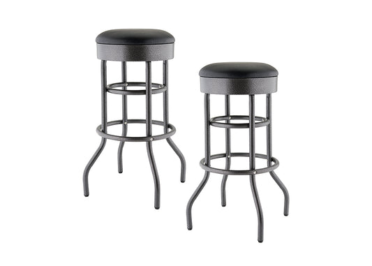 A pair of modern bar stools is shown against a white background. The stools have black hammered-finish metal frames with curved legs and round black upholstered seats.