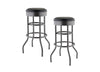 A pair of modern bar stools is shown against a white background. The stools have black hammered-finish metal frames with curved legs and round black upholstered seats.
