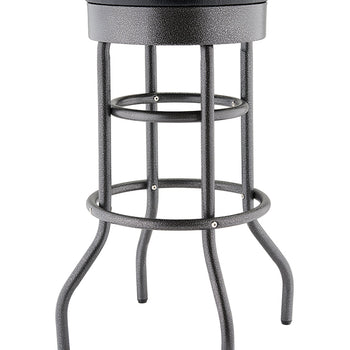 A metal bar stool with a round, padded black leather seat is shown against a white background. The stool has a textured, black anthracite finish and a stable base with four curved legs and two circular support rings.