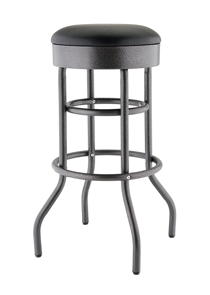 A metal bar stool with a round, padded black leather seat is shown against a white background. The stool has a textured, black anthracite finish and a stable base with four curved legs and two circular support rings.
