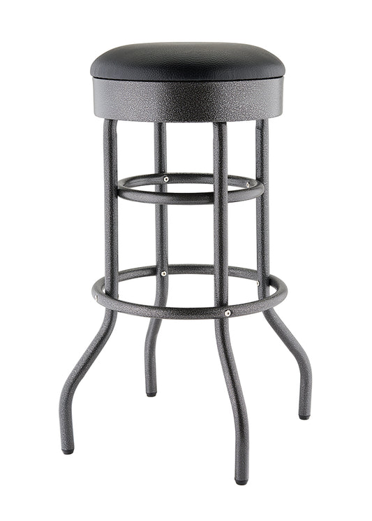 A metal bar stool with a round, padded black leather seat is shown against a white background. The stool has a textured, black anthracite finish and a stable base with four curved legs and two circular support rings.